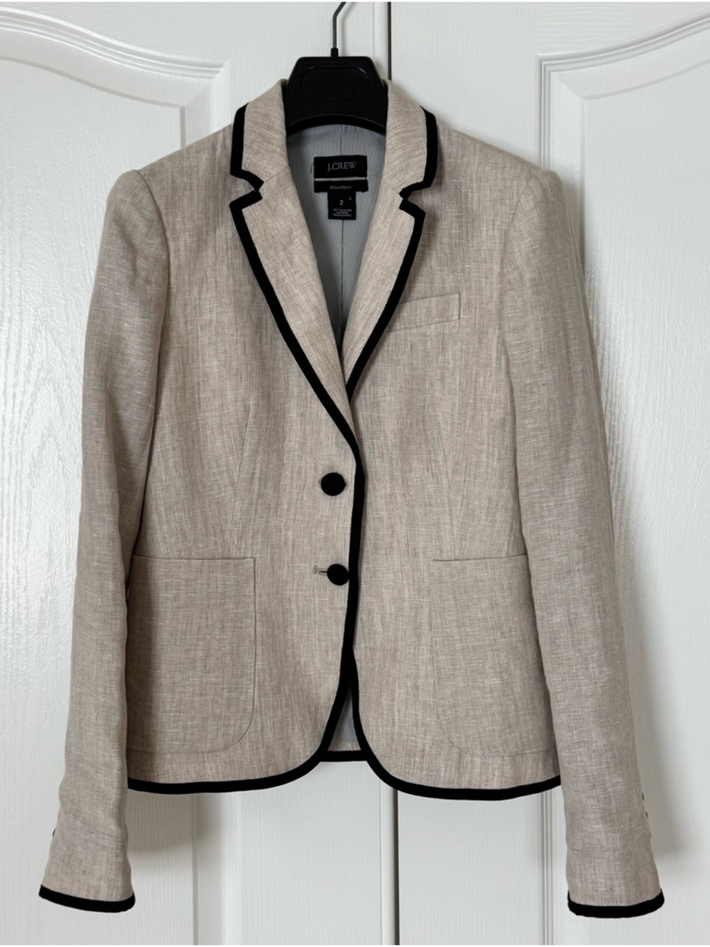 J. Crew Natural Linen-Blend Blazer with Black Trim - Size 2